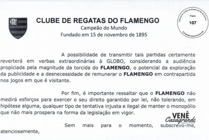 Flamengo envia contranoticação à Rede Globo
